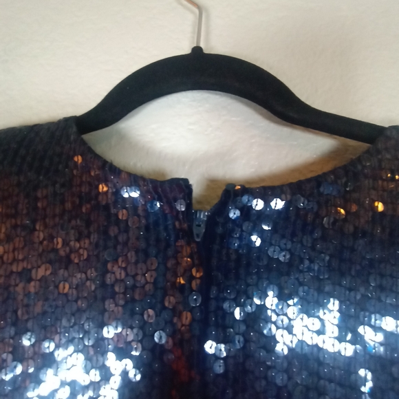 Vintage Martha Silk Sequined Beaded Blue Purple Silver Long Sleeve Midi Dress 10 - Picture 6 of 11